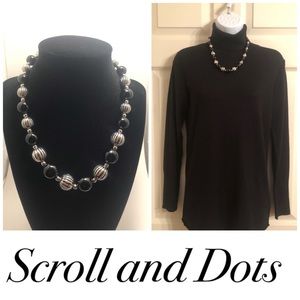 Scroll and Dots Silver Tone and Black Necklace